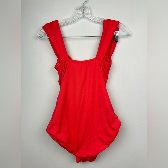 Badgley Mischka One Piece Wide Strap Swimsuit Red Ruched Sweetheart Crossover 8 - Picture 13 of 14